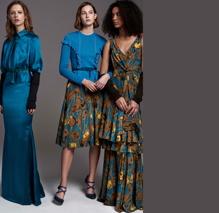 Carolina Herrera 2017 Pre Fall Autumn Womens Lookbook Presentation - Tamara De Lempicka Art Deco Silk Satin Crepe Dress Gown Eveningwear Samurai Armor Leg O'Mutton Sleeves Sweater Jumper Arm Leg Warmers Leather Outerwear Trench Coat Jacket Check Plaid Tartan Windowpane Blouse Vest Skirt Frock Wide Leg Palazzo Pants Furry Handkerchief Fold Turtleneck Ruffles One Shoulder Velvet Wrap Tiered Pussycat Bow Ribbon Flowers Floral Sheer Chiffon Embroidery Bedazzled Sequins Handbag