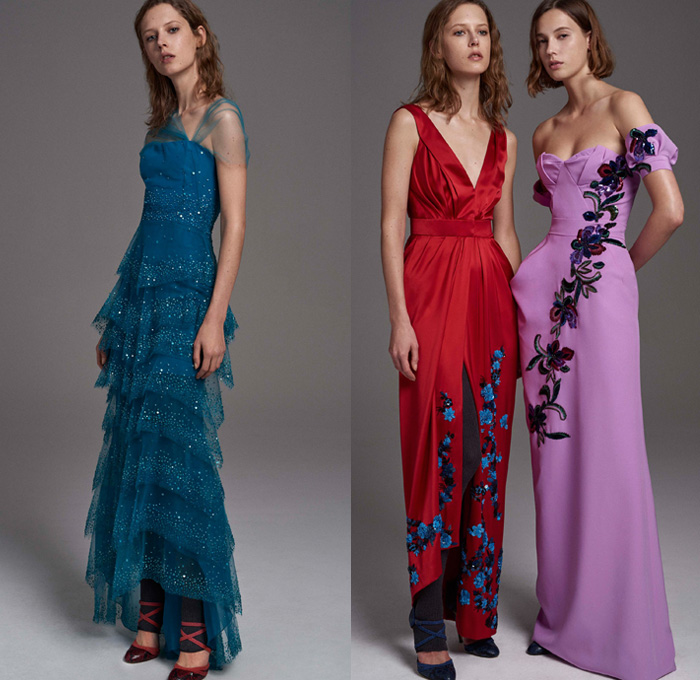 Carolina Herrera 2017 Pre Fall Autumn Womens Lookbook Presentation - Tamara De Lempicka Art Deco Silk Satin Crepe Dress Gown Eveningwear Samurai Armor Leg O'Mutton Sleeves Sweater Jumper Arm Leg Warmers Leather Outerwear Trench Coat Jacket Check Plaid Tartan Windowpane Blouse Vest Skirt Frock Wide Leg Palazzo Pants Furry Handkerchief Fold Turtleneck Ruffles One Shoulder Velvet Wrap Tiered Pussycat Bow Ribbon Flowers Floral Sheer Chiffon Embroidery Bedazzled Sequins Handbag