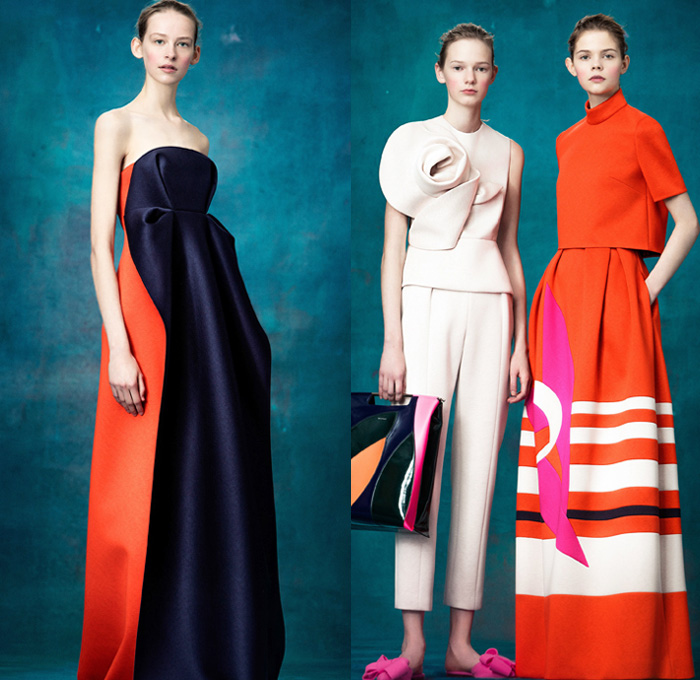 Delpozo 2017 Pre Fall Autumn Womens Lookbook Presentation - Volume Surface Treatments Decoupage Dimensional Structural Organic Shape Sculptural Flowers Floral Petals Chunky Knit Sweater Jumper Crochet Wide Leg Trousers Palazzo Pants Culottes Sleeveless Mockneck Dress Bell Hem Balloon Cap Sleeves Oversized Outerwear Coat Robe Sheen Silk Satin Embroidery Adornments Decorated Bedazzled Sequins Gown Eveningwear Brooch Strapless Skirt Frock Miniskirt Stripes Blouse Pantsuit Knot Bow Ribbon Drapery Plaid Tartan Check Windowpane Boxy Mini Handbag Tote Purse Clutch Slip-Ons