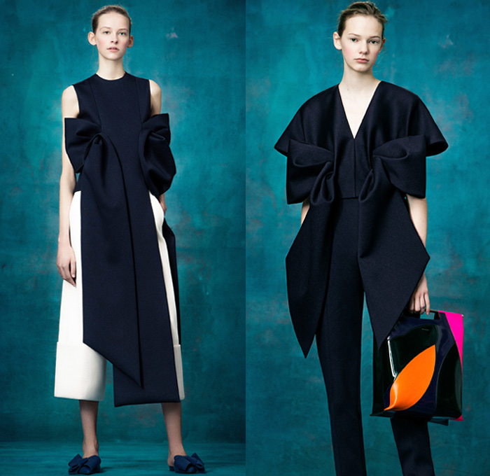 Delpozo 2017 Pre Fall Autumn Womens Lookbook Presentation - Volume Surface Treatments Decoupage Dimensional Structural Organic Shape Sculptural Flowers Floral Petals Chunky Knit Sweater Jumper Crochet Wide Leg Trousers Palazzo Pants Culottes Sleeveless Mockneck Dress Bell Hem Balloon Cap Sleeves Oversized Outerwear Coat Robe Sheen Silk Satin Embroidery Adornments Decorated Bedazzled Sequins Gown Eveningwear Brooch Strapless Skirt Frock Miniskirt Stripes Blouse Pantsuit Knot Bow Ribbon Drapery Plaid Tartan Check Windowpane Boxy Mini Handbag Tote Purse Clutch Slip-Ons