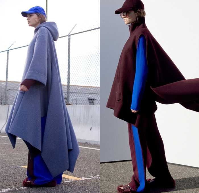 Dion Lee 2017 Pre Fall Autumn Womens Lookbook Presentation - Oversized Outerwear Coat Poncho Cloak Cape Parka Hood Furry Shaggy Plush Shearling Silk Satin Slip Dress Velvet Military Sporty Colorblock Leggings Hosiery Culottes Wide Leg Palazzo Pants Tuxedo Stripe Accordion Pleats Skirt Wool Embroidery Bomber Jacket Wrap Knot Sweater Scarf Onesie Playsuit Open Back Straps Baseball Cap Furry Sandals Socks Beanie Boots