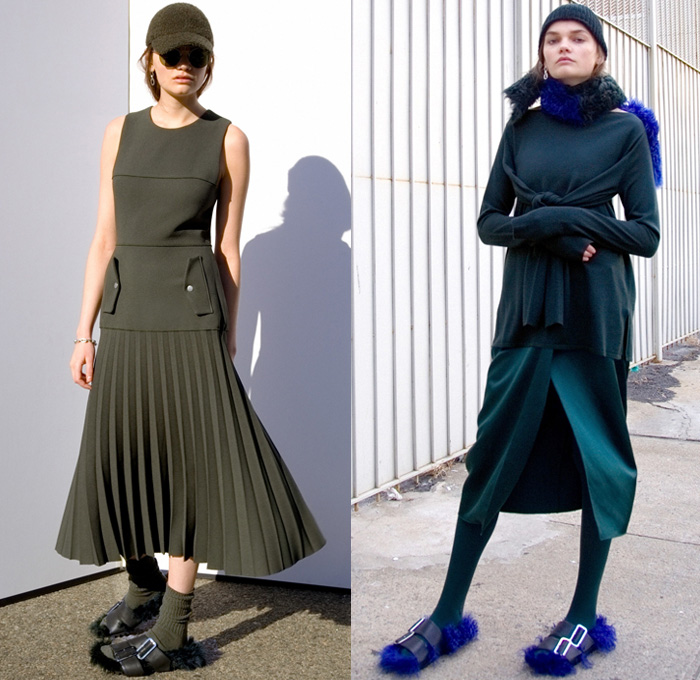 Dion Lee 2017 Pre Fall Autumn Womens Lookbook Presentation - Oversized Outerwear Coat Poncho Cloak Cape Parka Hood Furry Shaggy Plush Shearling Silk Satin Slip Dress Velvet Military Sporty Colorblock Leggings Hosiery Culottes Wide Leg Palazzo Pants Tuxedo Stripe Accordion Pleats Skirt Wool Embroidery Bomber Jacket Wrap Knot Sweater Scarf Onesie Playsuit Open Back Straps Baseball Cap Furry Sandals Socks Beanie Boots