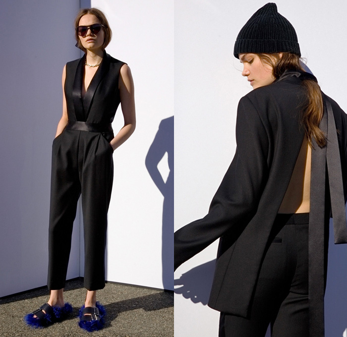 Dion Lee 2017 Pre Fall Autumn Womens Lookbook Presentation - Oversized Outerwear Coat Poncho Cloak Cape Parka Hood Furry Shaggy Plush Shearling Silk Satin Slip Dress Velvet Military Sporty Colorblock Leggings Hosiery Culottes Wide Leg Palazzo Pants Tuxedo Stripe Accordion Pleats Skirt Wool Embroidery Bomber Jacket Wrap Knot Sweater Scarf Onesie Playsuit Open Back Straps Baseball Cap Furry Sandals Socks Beanie Boots