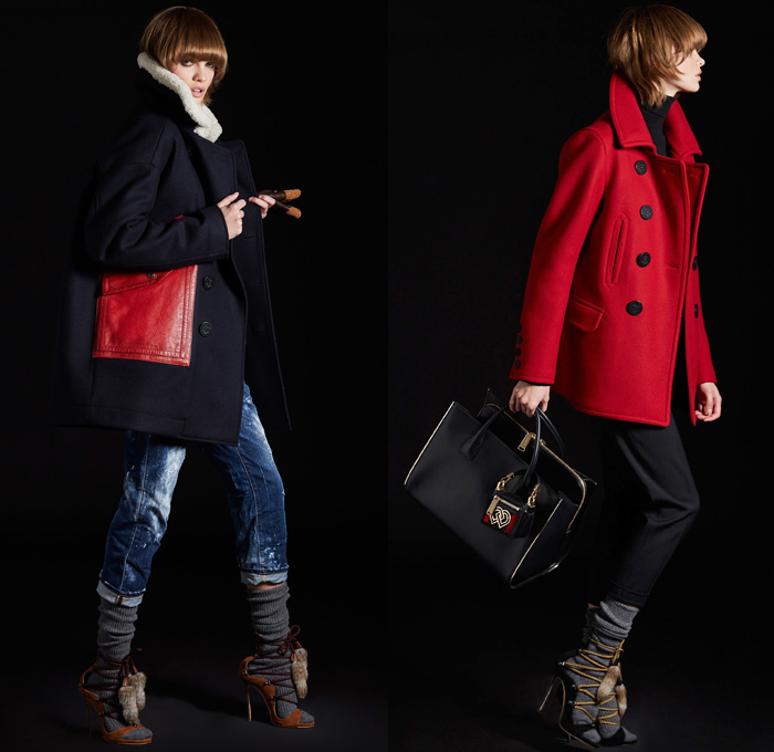 Dsquared2 2017 Pre Fall Autumn Womens Lookbook Presentation - Buffalo Plaid Tartan Check Twill Nylon Bonded Leather Oversized Outerwear Coat Parka Furry Shaggy Plush Shearling Peacoat Turtleneck Drawstring Khakis Chunky Knit Ribbed Sweater Jumper Motorcycle Panels Biker Pants Moto Jacket Suede Cutout Trees Silhouette Belted Waist Shirtdress Sweaterdress Miniskirt Wide Leg Trousers Palazzo Pants Cargo Pockets Ruffles Silk Dovetail Mullet High Low Hem Tassels Rabbit's Foot Handbag Tote Gloves