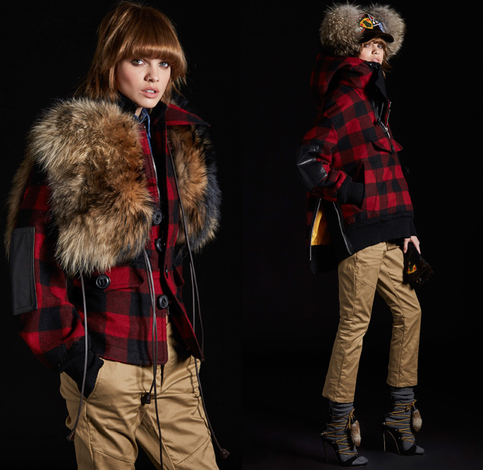 Dsquared2 2017 Pre Fall Autumn Womens Lookbook Presentation - Buffalo Plaid Tartan Check Twill Nylon Bonded Leather Oversized Outerwear Coat Parka Furry Shaggy Plush Shearling Peacoat Turtleneck Drawstring Khakis Chunky Knit Ribbed Sweater Jumper Motorcycle Panels Biker Pants Moto Jacket Suede Cutout Trees Silhouette Belted Waist Shirtdress Sweaterdress Miniskirt Wide Leg Trousers Palazzo Pants Cargo Pockets Ruffles Silk Dovetail Mullet High Low Hem Tassels Rabbit's Foot Handbag Tote Gloves