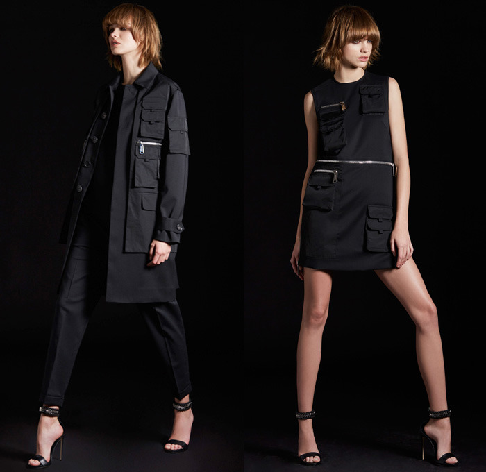 Dsquared2 2017 Pre Fall Autumn Womens Lookbook Presentation - Buffalo Plaid Tartan Check Twill Nylon Bonded Leather Oversized Outerwear Coat Parka Furry Shaggy Plush Shearling Peacoat Turtleneck Drawstring Khakis Chunky Knit Ribbed Sweater Jumper Motorcycle Panels Biker Pants Moto Jacket Suede Cutout Trees Silhouette Belted Waist Shirtdress Sweaterdress Miniskirt Wide Leg Trousers Palazzo Pants Cargo Pockets Ruffles Silk Dovetail Mullet High Low Hem Tassels Rabbit's Foot Handbag Tote Gloves