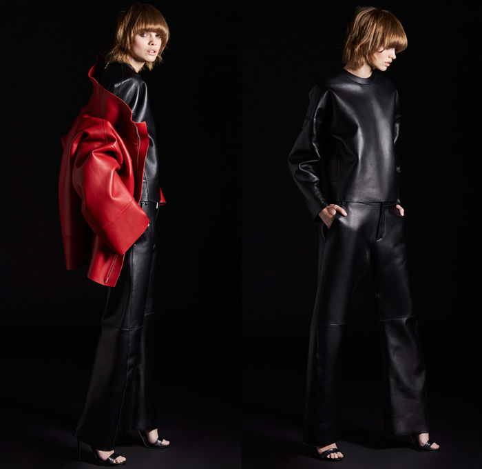 Dsquared2 2017 Pre Fall Autumn Womens Lookbook Presentation - Buffalo Plaid Tartan Check Twill Nylon Bonded Leather Oversized Outerwear Coat Parka Furry Shaggy Plush Shearling Peacoat Turtleneck Drawstring Khakis Chunky Knit Ribbed Sweater Jumper Motorcycle Panels Biker Pants Moto Jacket Suede Cutout Trees Silhouette Belted Waist Shirtdress Sweaterdress Miniskirt Wide Leg Trousers Palazzo Pants Cargo Pockets Ruffles Silk Dovetail Mullet High Low Hem Tassels Rabbit's Foot Handbag Tote Gloves