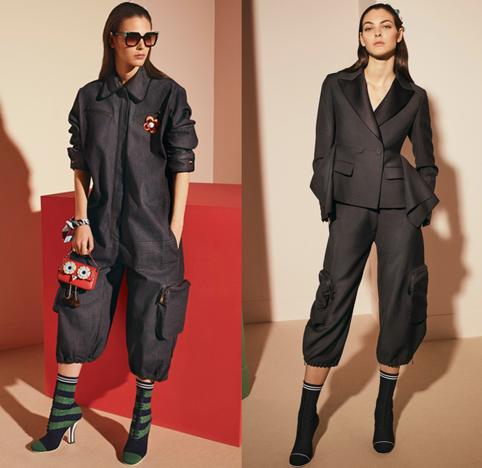 Fendi 2017 Pre Fall Autumn Womens Lookbook Presentation - Outerwear Fur Plush Shearling Coat Hanging Sleeve Cloak Silk Satin Jacquard Sheer Chiffon Dress Pantsuit Blazer Jacket Dovetail Mullet High Low Hem Diamond Pattern Embroidery Bedazzled Flowers Floral Geometric Blouse Lace Up Stitch Midi Skirt Bow Ribbon Bell Sleeves Needlework Hosiery Mesh Lasercut Snakeskin Accordion Pleats Culottes Fingerprint Denim Jeans Jumpsuit Cargo Pockets Coveralls Mini Handbag Owl Stripes Sunglasses Fringes Sock Wrapped Pumps Hairpin Scarf Metallic Ankle Boots Pompoms Raccoon Tail