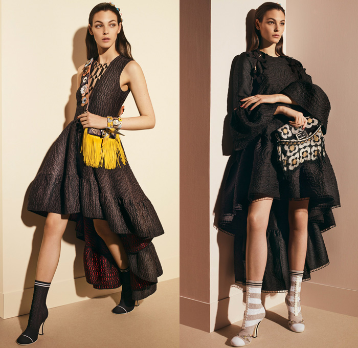 Fendi 2017 Pre Fall Autumn Womens Lookbook Presentation - Outerwear Fur Plush Shearling Coat Hanging Sleeve Cloak Silk Satin Jacquard Sheer Chiffon Dress Pantsuit Blazer Jacket Dovetail Mullet High Low Hem Diamond Pattern Embroidery Bedazzled Flowers Floral Geometric Blouse Lace Up Stitch Midi Skirt Bow Ribbon Bell Sleeves Needlework Hosiery Mesh Lasercut Snakeskin Accordion Pleats Culottes Fingerprint Denim Jeans Jumpsuit Cargo Pockets Coveralls Mini Handbag Owl Stripes Sunglasses Fringes Sock Wrapped Pumps Hairpin Scarf Metallic Ankle Boots Pompoms Raccoon Tail