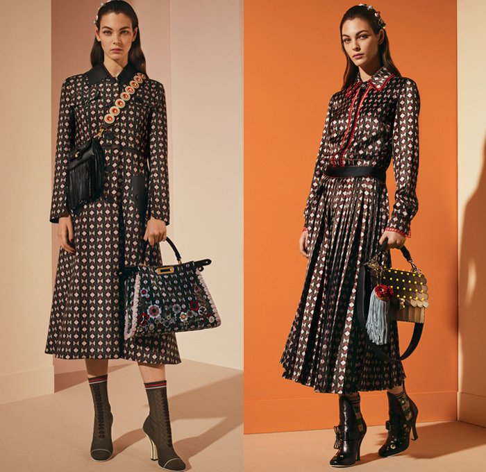 Fendi 2017 Pre Fall Autumn Womens Lookbook Presentation - Outerwear Fur Plush Shearling Coat Hanging Sleeve Cloak Silk Satin Jacquard Sheer Chiffon Dress Pantsuit Blazer Jacket Dovetail Mullet High Low Hem Diamond Pattern Embroidery Bedazzled Flowers Floral Geometric Blouse Lace Up Stitch Midi Skirt Bow Ribbon Bell Sleeves Needlework Hosiery Mesh Lasercut Snakeskin Accordion Pleats Culottes Fingerprint Denim Jeans Jumpsuit Cargo Pockets Coveralls Mini Handbag Owl Stripes Sunglasses Fringes Sock Wrapped Pumps Hairpin Scarf Metallic Ankle Boots Pompoms Raccoon Tail