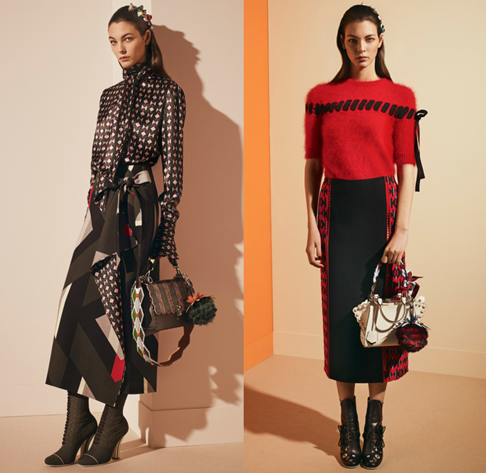 Fendi 2017 Pre Fall Autumn Womens Lookbook Presentation - Outerwear Fur Plush Shearling Coat Hanging Sleeve Cloak Silk Satin Jacquard Sheer Chiffon Dress Pantsuit Blazer Jacket Dovetail Mullet High Low Hem Diamond Pattern Embroidery Bedazzled Flowers Floral Geometric Blouse Lace Up Stitch Midi Skirt Bow Ribbon Bell Sleeves Needlework Hosiery Mesh Lasercut Snakeskin Accordion Pleats Culottes Fingerprint Denim Jeans Jumpsuit Cargo Pockets Coveralls Mini Handbag Owl Stripes Sunglasses Fringes Sock Wrapped Pumps Hairpin Scarf Metallic Ankle Boots Pompoms Raccoon Tail