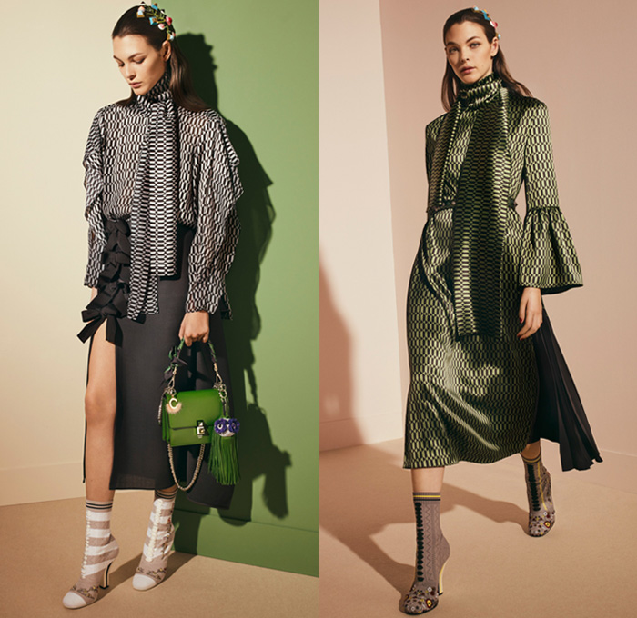 Fendi 2017 Pre Fall Autumn Womens Lookbook Presentation - Outerwear Fur Plush Shearling Coat Hanging Sleeve Cloak Silk Satin Jacquard Sheer Chiffon Dress Pantsuit Blazer Jacket Dovetail Mullet High Low Hem Diamond Pattern Embroidery Bedazzled Flowers Floral Geometric Blouse Lace Up Stitch Midi Skirt Bow Ribbon Bell Sleeves Needlework Hosiery Mesh Lasercut Snakeskin Accordion Pleats Culottes Fingerprint Denim Jeans Jumpsuit Cargo Pockets Coveralls Mini Handbag Owl Stripes Sunglasses Fringes Sock Wrapped Pumps Hairpin Scarf Metallic Ankle Boots Pompoms Raccoon Tail