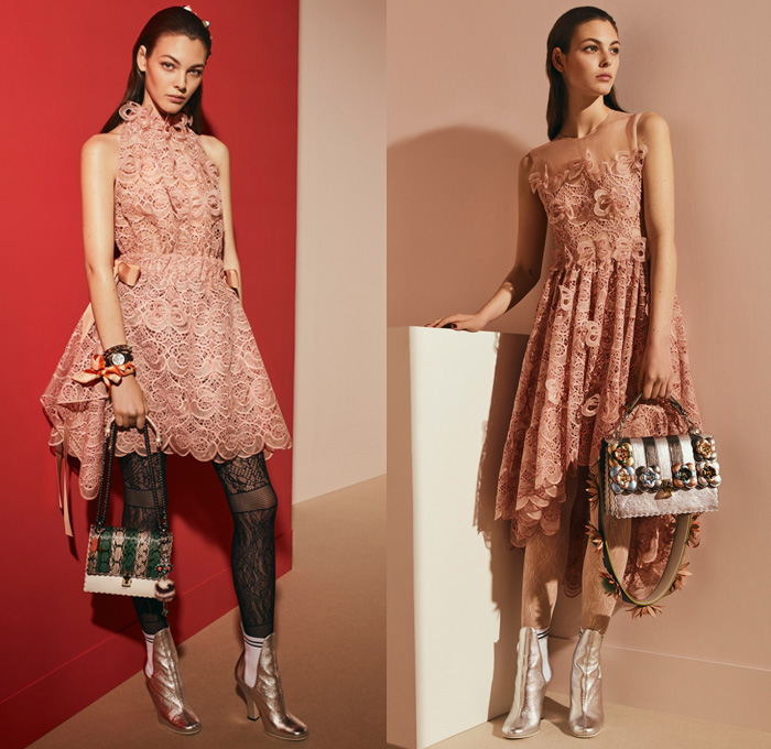 Fendi 2017 Pre Fall Autumn Womens Lookbook Presentation - Outerwear Fur Plush Shearling Coat Hanging Sleeve Cloak Silk Satin Jacquard Sheer Chiffon Dress Pantsuit Blazer Jacket Dovetail Mullet High Low Hem Diamond Pattern Embroidery Bedazzled Flowers Floral Geometric Blouse Lace Up Stitch Midi Skirt Bow Ribbon Bell Sleeves Needlework Hosiery Mesh Lasercut Snakeskin Accordion Pleats Culottes Fingerprint Denim Jeans Jumpsuit Cargo Pockets Coveralls Mini Handbag Owl Stripes Sunglasses Fringes Sock Wrapped Pumps Hairpin Scarf Metallic Ankle Boots Pompoms Raccoon Tail