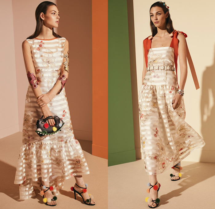 Fendi 2017 Pre Fall Autumn Womens Lookbook Presentation - Outerwear Fur Plush Shearling Coat Hanging Sleeve Cloak Silk Satin Jacquard Sheer Chiffon Dress Pantsuit Blazer Jacket Dovetail Mullet High Low Hem Diamond Pattern Embroidery Bedazzled Flowers Floral Geometric Blouse Lace Up Stitch Midi Skirt Bow Ribbon Bell Sleeves Needlework Hosiery Mesh Lasercut Snakeskin Accordion Pleats Culottes Fingerprint Denim Jeans Jumpsuit Cargo Pockets Coveralls Mini Handbag Owl Stripes Sunglasses Fringes Sock Wrapped Pumps Hairpin Scarf Metallic Ankle Boots Pompoms Raccoon Tail