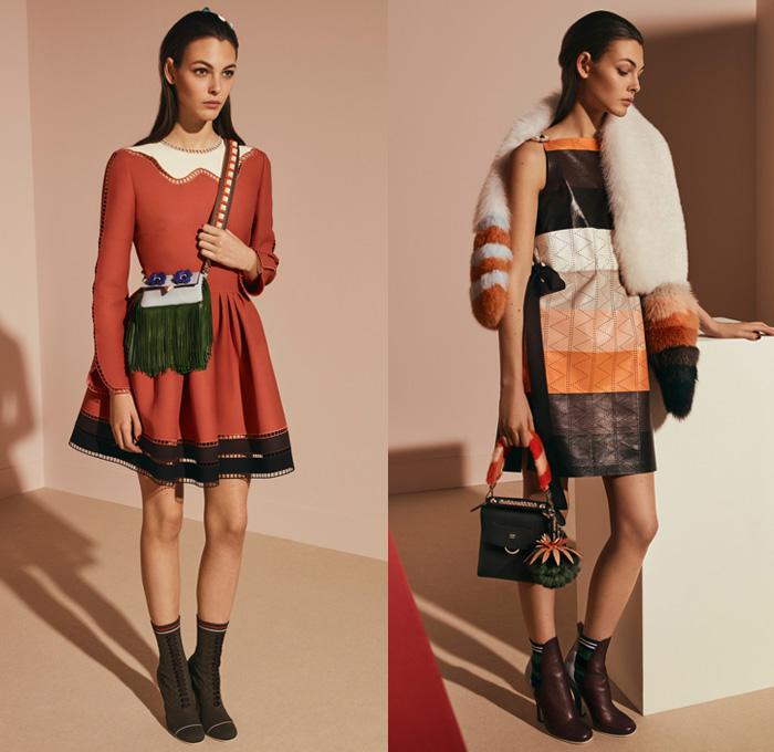 Fendi 2017 Pre Fall Autumn Womens Lookbook Presentation - Outerwear Fur Plush Shearling Coat Hanging Sleeve Cloak Silk Satin Jacquard Sheer Chiffon Dress Pantsuit Blazer Jacket Dovetail Mullet High Low Hem Diamond Pattern Embroidery Bedazzled Flowers Floral Geometric Blouse Lace Up Stitch Midi Skirt Bow Ribbon Bell Sleeves Needlework Hosiery Mesh Lasercut Snakeskin Accordion Pleats Culottes Fingerprint Denim Jeans Jumpsuit Cargo Pockets Coveralls Mini Handbag Owl Stripes Sunglasses Fringes Sock Wrapped Pumps Hairpin Scarf Metallic Ankle Boots Pompoms Raccoon Tail