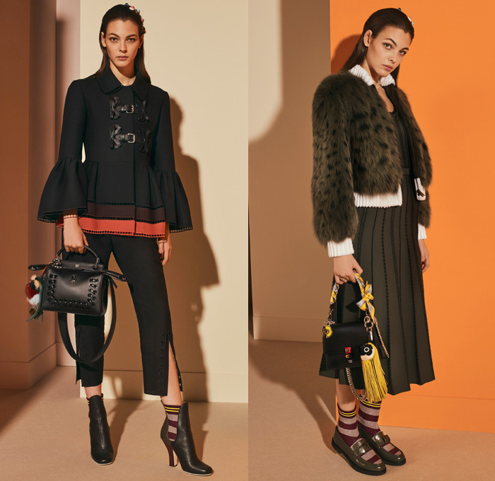 Fendi 2017 Pre Fall Autumn Womens Lookbook Presentation - Outerwear Fur Plush Shearling Coat Hanging Sleeve Cloak Silk Satin Jacquard Sheer Chiffon Dress Pantsuit Blazer Jacket Dovetail Mullet High Low Hem Diamond Pattern Embroidery Bedazzled Flowers Floral Geometric Blouse Lace Up Stitch Midi Skirt Bow Ribbon Bell Sleeves Needlework Hosiery Mesh Lasercut Snakeskin Accordion Pleats Culottes Fingerprint Denim Jeans Jumpsuit Cargo Pockets Coveralls Mini Handbag Owl Stripes Sunglasses Fringes Sock Wrapped Pumps Hairpin Scarf Metallic Ankle Boots Pompoms Raccoon Tail