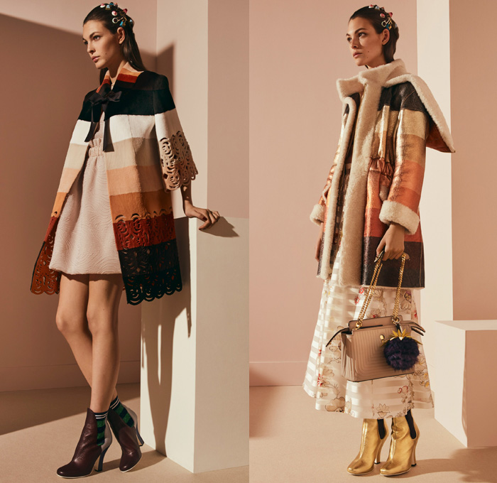 Fendi 2017 Pre Fall Autumn Womens Lookbook Presentation - Outerwear Fur Plush Shearling Coat Hanging Sleeve Cloak Silk Satin Jacquard Sheer Chiffon Dress Pantsuit Blazer Jacket Dovetail Mullet High Low Hem Diamond Pattern Embroidery Bedazzled Flowers Floral Geometric Blouse Lace Up Stitch Midi Skirt Bow Ribbon Bell Sleeves Needlework Hosiery Mesh Lasercut Snakeskin Accordion Pleats Culottes Fingerprint Denim Jeans Jumpsuit Cargo Pockets Coveralls Mini Handbag Owl Stripes Sunglasses Fringes Sock Wrapped Pumps Hairpin Scarf Metallic Ankle Boots Pompoms Raccoon Tail