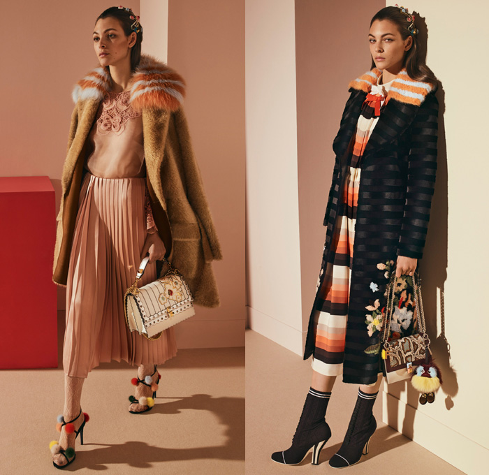 Fendi 2017 Pre Fall Autumn Womens Lookbook Presentation - Outerwear Fur Plush Shearling Coat Hanging Sleeve Cloak Silk Satin Jacquard Sheer Chiffon Dress Pantsuit Blazer Jacket Dovetail Mullet High Low Hem Diamond Pattern Embroidery Bedazzled Flowers Floral Geometric Blouse Lace Up Stitch Midi Skirt Bow Ribbon Bell Sleeves Needlework Hosiery Mesh Lasercut Snakeskin Accordion Pleats Culottes Fingerprint Denim Jeans Jumpsuit Cargo Pockets Coveralls Mini Handbag Owl Stripes Sunglasses Fringes Sock Wrapped Pumps Hairpin Scarf Metallic Ankle Boots Pompoms Raccoon Tail