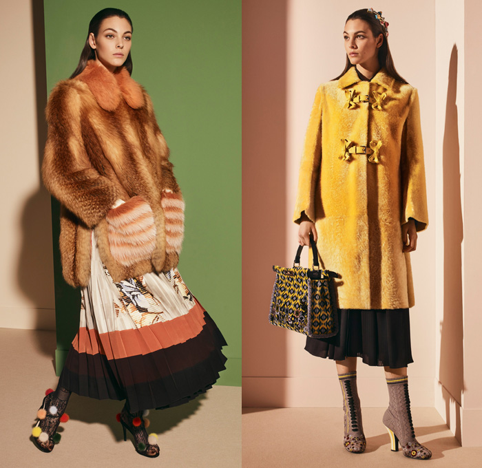 Fendi 2017 Pre Fall Autumn Womens Lookbook Presentation - Outerwear Fur Plush Shearling Coat Hanging Sleeve Cloak Silk Satin Jacquard Sheer Chiffon Dress Pantsuit Blazer Jacket Dovetail Mullet High Low Hem Diamond Pattern Embroidery Bedazzled Flowers Floral Geometric Blouse Lace Up Stitch Midi Skirt Bow Ribbon Bell Sleeves Needlework Hosiery Mesh Lasercut Snakeskin Accordion Pleats Culottes Fingerprint Denim Jeans Jumpsuit Cargo Pockets Coveralls Mini Handbag Owl Stripes Sunglasses Fringes Sock Wrapped Pumps Hairpin Scarf Metallic Ankle Boots Pompoms Raccoon Tail