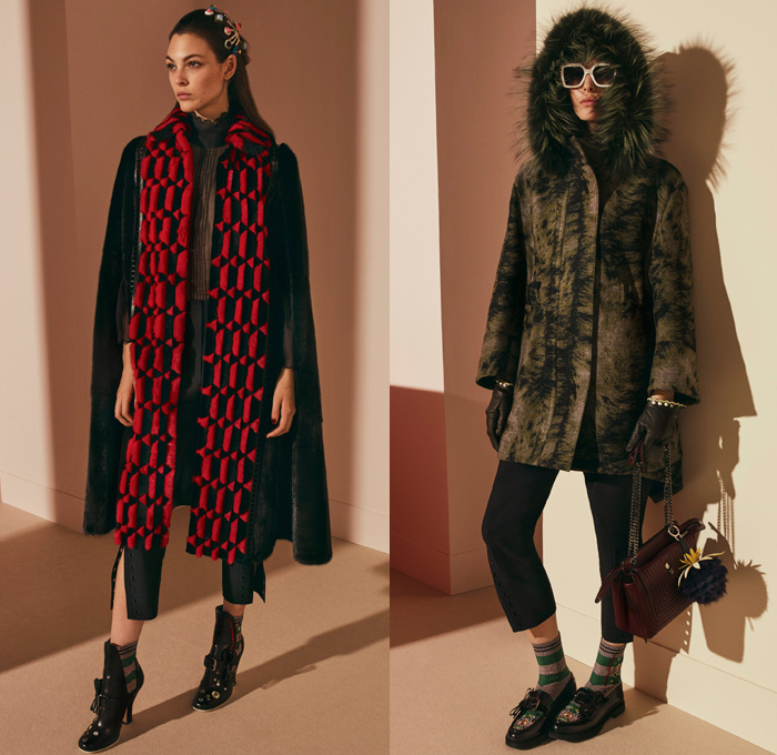 Fendi 2017 Pre Fall Autumn Womens Lookbook Presentation - Outerwear Fur Plush Shearling Coat Hanging Sleeve Cloak Silk Satin Jacquard Sheer Chiffon Dress Pantsuit Blazer Jacket Dovetail Mullet High Low Hem Diamond Pattern Embroidery Bedazzled Flowers Floral Geometric Blouse Lace Up Stitch Midi Skirt Bow Ribbon Bell Sleeves Needlework Hosiery Mesh Lasercut Snakeskin Accordion Pleats Culottes Fingerprint Denim Jeans Jumpsuit Cargo Pockets Coveralls Mini Handbag Owl Stripes Sunglasses Fringes Sock Wrapped Pumps Hairpin Scarf Metallic Ankle Boots Pompoms Raccoon Tail