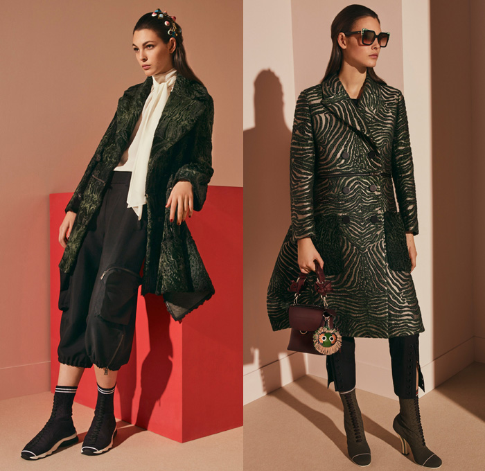 Fendi 2017 Pre Fall Autumn Womens Lookbook Presentation - Outerwear Fur Plush Shearling Coat Hanging Sleeve Cloak Silk Satin Jacquard Sheer Chiffon Dress Pantsuit Blazer Jacket Dovetail Mullet High Low Hem Diamond Pattern Embroidery Bedazzled Flowers Floral Geometric Blouse Lace Up Stitch Midi Skirt Bow Ribbon Bell Sleeves Needlework Hosiery Mesh Lasercut Snakeskin Accordion Pleats Culottes Fingerprint Denim Jeans Jumpsuit Cargo Pockets Coveralls Mini Handbag Owl Stripes Sunglasses Fringes Sock Wrapped Pumps Hairpin Scarf Metallic Ankle Boots Pompoms Raccoon Tail