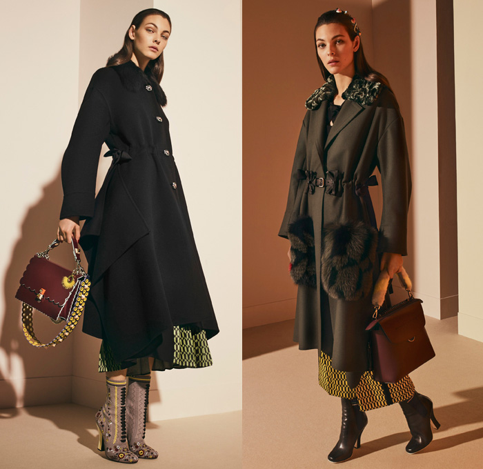 Fendi 2017 Pre Fall Autumn Womens Lookbook Presentation - Outerwear Fur Plush Shearling Coat Hanging Sleeve Cloak Silk Satin Jacquard Sheer Chiffon Dress Pantsuit Blazer Jacket Dovetail Mullet High Low Hem Diamond Pattern Embroidery Bedazzled Flowers Floral Geometric Blouse Lace Up Stitch Midi Skirt Bow Ribbon Bell Sleeves Needlework Hosiery Mesh Lasercut Snakeskin Accordion Pleats Culottes Fingerprint Denim Jeans Jumpsuit Cargo Pockets Coveralls Mini Handbag Owl Stripes Sunglasses Fringes Sock Wrapped Pumps Hairpin Scarf Metallic Ankle Boots Pompoms Raccoon Tail