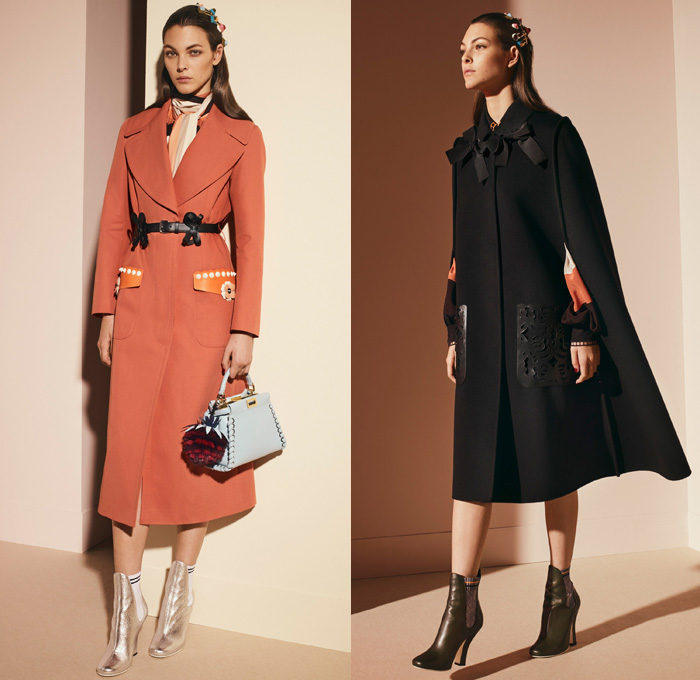 Fendi 2017 Pre Fall Autumn Womens Lookbook Presentation - Outerwear Fur Plush Shearling Coat Hanging Sleeve Cloak Silk Satin Jacquard Sheer Chiffon Dress Pantsuit Blazer Jacket Dovetail Mullet High Low Hem Diamond Pattern Embroidery Bedazzled Flowers Floral Geometric Blouse Lace Up Stitch Midi Skirt Bow Ribbon Bell Sleeves Needlework Hosiery Mesh Lasercut Snakeskin Accordion Pleats Culottes Fingerprint Denim Jeans Jumpsuit Cargo Pockets Coveralls Mini Handbag Owl Stripes Sunglasses Fringes Sock Wrapped Pumps Hairpin Scarf Metallic Ankle Boots Pompoms Raccoon Tail