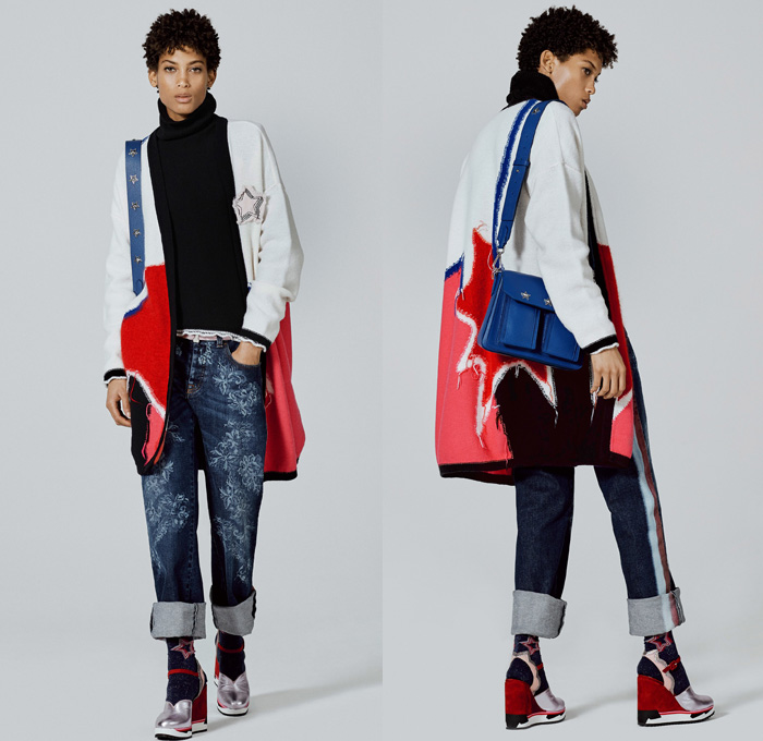 Iceberg 2017 Pre Fall Autumn Womens Lookbook Presentation - Pop Art Catwoman Superhero Cartoon Character Comic Book Stonewash Denim Jeans Jogger Sweatpants Knit Cardigan Sweater Jumper Turtleneck Stripes Stars Motif Raw Hem Patchwork Threads Flowers Floral Outerwear Coat Parka Bedazzled Sequins Bomber Jacket Blouse Blazer Lace Embroidery Pants Trousers Sheer Chiffon Maxi Dress Drawstring Halterneck Tiered Leather Shearling Plush Fur Asymmetrical Hem Sweaterdress Accordion Pleats Fringes Cinch Metallic Quilted Bag Backpack Beanie Knit Cap Gloves Scarf Socks Platforms Shoes Boots