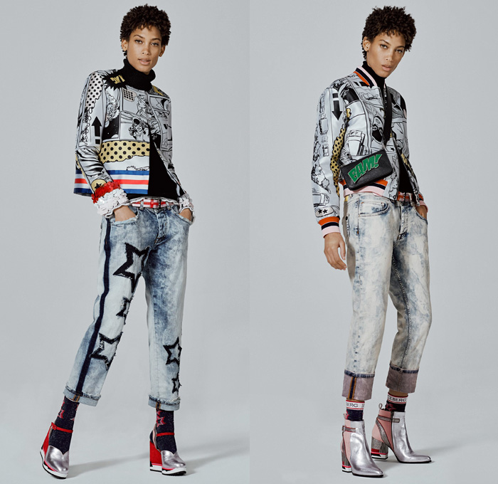 Iceberg 2017 Pre Fall Autumn Womens Lookbook Presentation - Pop Art Catwoman Superhero Cartoon Character Comic Book Stonewash Denim Jeans Jogger Sweatpants Knit Cardigan Sweater Jumper Turtleneck Stripes Stars Motif Raw Hem Patchwork Threads Flowers Floral Outerwear Coat Parka Bedazzled Sequins Bomber Jacket Blouse Blazer Lace Embroidery Pants Trousers Sheer Chiffon Maxi Dress Drawstring Halterneck Tiered Leather Shearling Plush Fur Asymmetrical Hem Sweaterdress Accordion Pleats Fringes Cinch Metallic Quilted Bag Backpack Beanie Knit Cap Gloves Scarf Socks Platforms Shoes Boots