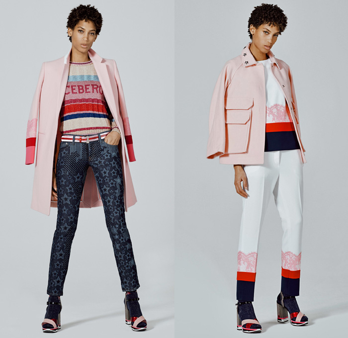 Iceberg 2017 Pre Fall Autumn Womens Lookbook Presentation - Pop Art Catwoman Superhero Cartoon Character Comic Book Stonewash Denim Jeans Jogger Sweatpants Knit Cardigan Sweater Jumper Turtleneck Stripes Stars Motif Raw Hem Patchwork Threads Flowers Floral Outerwear Coat Parka Bedazzled Sequins Bomber Jacket Blouse Blazer Lace Embroidery Pants Trousers Sheer Chiffon Maxi Dress Drawstring Halterneck Tiered Leather Shearling Plush Fur Asymmetrical Hem Sweaterdress Accordion Pleats Fringes Cinch Metallic Quilted Bag Backpack Beanie Knit Cap Gloves Scarf Socks Platforms Shoes Boots