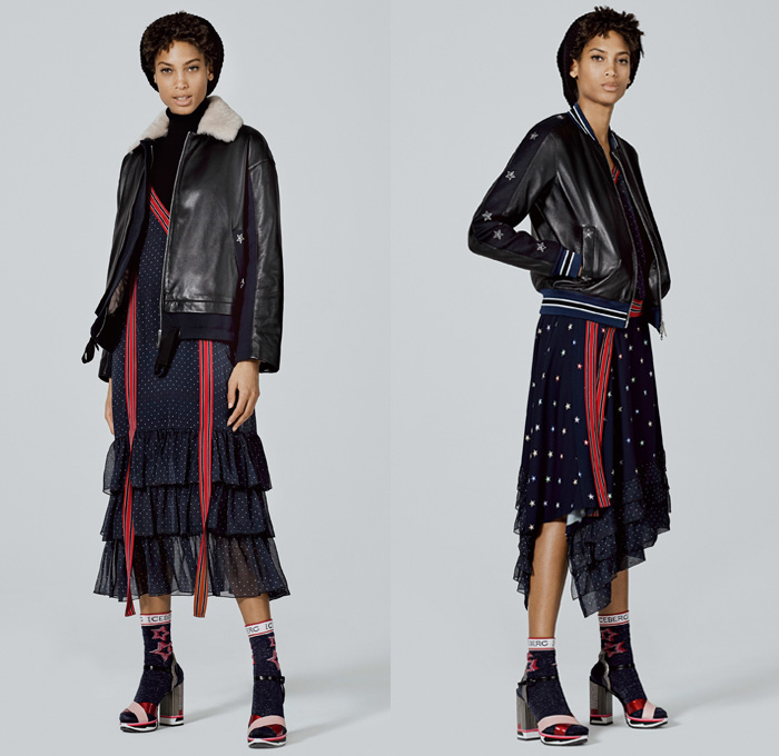 Iceberg 2017 Pre Fall Autumn Womens Lookbook Presentation - Pop Art Catwoman Superhero Cartoon Character Comic Book Stonewash Denim Jeans Jogger Sweatpants Knit Cardigan Sweater Jumper Turtleneck Stripes Stars Motif Raw Hem Patchwork Threads Flowers Floral Outerwear Coat Parka Bedazzled Sequins Bomber Jacket Blouse Blazer Lace Embroidery Pants Trousers Sheer Chiffon Maxi Dress Drawstring Halterneck Tiered Leather Shearling Plush Fur Asymmetrical Hem Sweaterdress Accordion Pleats Fringes Cinch Metallic Quilted Bag Backpack Beanie Knit Cap Gloves Scarf Socks Platforms Shoes Boots