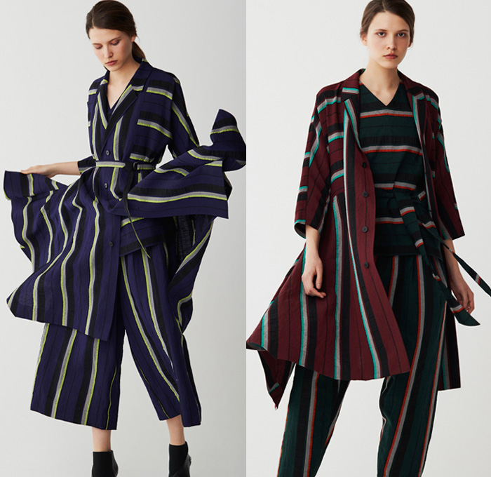 Issey Miyake 2017 Pre Fall Autumn Womens Lookbook Presentation - Shibori Itajime Shaped-Resist Resist-Dyeing Geometric Organic Shape Drapery Futuristic Minimalist Architectural Accordion Pleats 3D Steam Stretch Silk Gradient Stripes Sheen Robe Coat Belted Waist Culottes Gauchos Wide Leg Cropped Pants Long Shirt Wrap Sleeveless Knitwear Blouse Grooves Crepe Skirt Frock Tie Up Knot Ankle Boots Handbag Zigzag Leggings Stockings Hosiery Cocoon