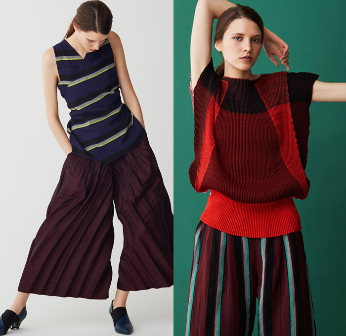 Issey Miyake 2017 Pre Fall Autumn Womens Lookbook Presentation - Shibori Itajime Shaped-Resist Resist-Dyeing Geometric Organic Shape Drapery Futuristic Minimalist Architectural Accordion Pleats 3D Steam Stretch Silk Gradient Stripes Sheen Robe Coat Belted Waist Culottes Gauchos Wide Leg Cropped Pants Long Shirt Wrap Sleeveless Knitwear Blouse Grooves Crepe Skirt Frock Tie Up Knot Ankle Boots Handbag Zigzag Leggings Stockings Hosiery Cocoon