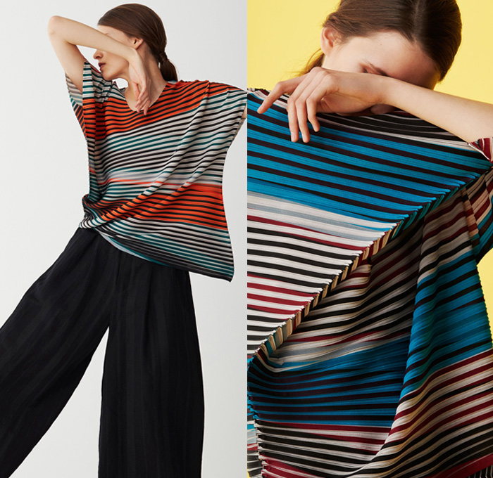 Issey Miyake 2017 Pre Fall Autumn Womens Lookbook Presentation - Shibori Itajime Shaped-Resist Resist-Dyeing Geometric Organic Shape Drapery Futuristic Minimalist Architectural Accordion Pleats 3D Steam Stretch Silk Gradient Stripes Sheen Robe Coat Belted Waist Culottes Gauchos Wide Leg Cropped Pants Long Shirt Wrap Sleeveless Knitwear Blouse Grooves Crepe Skirt Frock Tie Up Knot Ankle Boots Handbag Zigzag Leggings Stockings Hosiery Cocoon