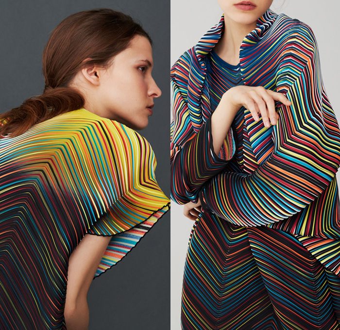 Issey Miyake 2017 Pre Fall Autumn Womens Lookbook Presentation - Shibori Itajime Shaped-Resist Resist-Dyeing Geometric Organic Shape Drapery Futuristic Minimalist Architectural Accordion Pleats 3D Steam Stretch Silk Gradient Stripes Sheen Robe Coat Belted Waist Culottes Gauchos Wide Leg Cropped Pants Long Shirt Wrap Sleeveless Knitwear Blouse Grooves Crepe Skirt Frock Tie Up Knot Ankle Boots Handbag Zigzag Leggings Stockings Hosiery Cocoon