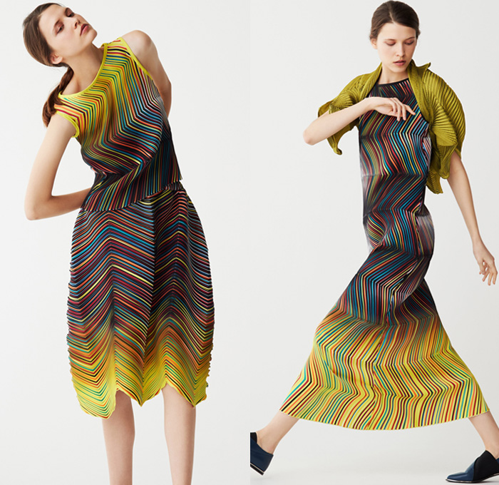 Issey Miyake 2017 Pre Fall Autumn Womens Lookbook Presentation - Shibori Itajime Shaped-Resist Resist-Dyeing Geometric Organic Shape Drapery Futuristic Minimalist Architectural Accordion Pleats 3D Steam Stretch Silk Gradient Stripes Sheen Robe Coat Belted Waist Culottes Gauchos Wide Leg Cropped Pants Long Shirt Wrap Sleeveless Knitwear Blouse Grooves Crepe Skirt Frock Tie Up Knot Ankle Boots Handbag Zigzag Leggings Stockings Hosiery Cocoon