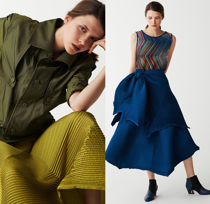 Issey Miyake 2017 Pre Fall Autumn Womens Lookbook Presentation - Shibori Itajime Shaped-Resist Resist-Dyeing Geometric Organic Shape Drapery Futuristic Minimalist Architectural Accordion Pleats 3D Steam Stretch Silk Gradient Stripes Sheen Robe Coat Belted Waist Culottes Gauchos Wide Leg Cropped Pants Long Shirt Wrap Sleeveless Knitwear Blouse Grooves Crepe Skirt Frock Tie Up Knot Ankle Boots Handbag Zigzag Leggings Stockings Hosiery Cocoon