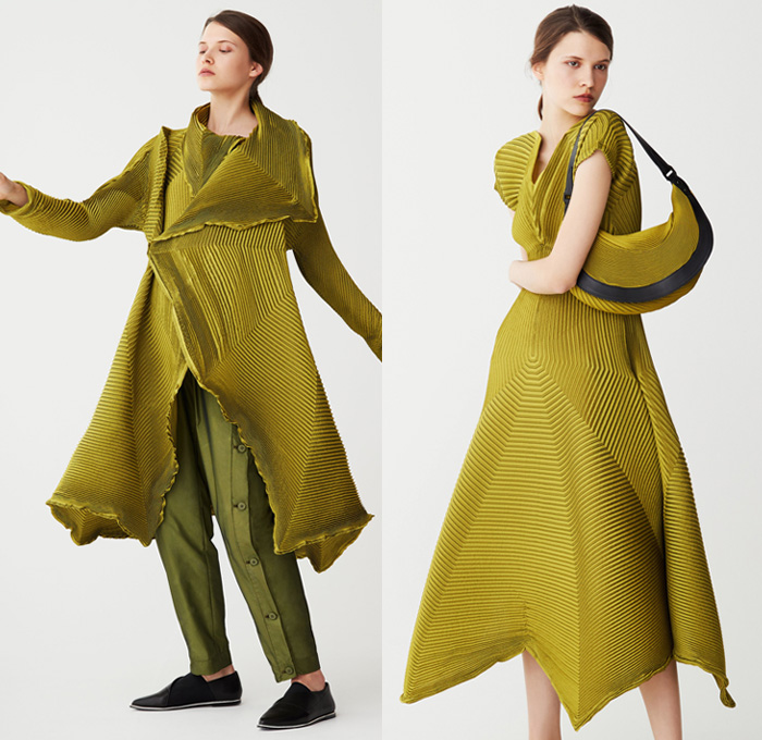 Issey Miyake 2017 Pre Fall Autumn Womens Lookbook Presentation - Shibori Itajime Shaped-Resist Resist-Dyeing Geometric Organic Shape Drapery Futuristic Minimalist Architectural Accordion Pleats 3D Steam Stretch Silk Gradient Stripes Sheen Robe Coat Belted Waist Culottes Gauchos Wide Leg Cropped Pants Long Shirt Wrap Sleeveless Knitwear Blouse Grooves Crepe Skirt Frock Tie Up Knot Ankle Boots Handbag Zigzag Leggings Stockings Hosiery Cocoon