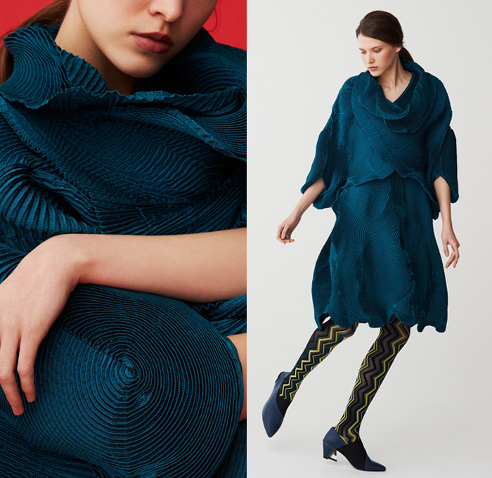 Issey Miyake 2017 Pre Fall Autumn Womens Lookbook Presentation - Shibori Itajime Shaped-Resist Resist-Dyeing Geometric Organic Shape Drapery Futuristic Minimalist Architectural Accordion Pleats 3D Steam Stretch Silk Gradient Stripes Sheen Robe Coat Belted Waist Culottes Gauchos Wide Leg Cropped Pants Long Shirt Wrap Sleeveless Knitwear Blouse Grooves Crepe Skirt Frock Tie Up Knot Ankle Boots Handbag Zigzag Leggings Stockings Hosiery Cocoon