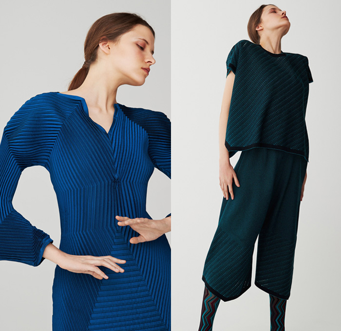 Issey Miyake 2017 Pre Fall Autumn Womens Lookbook Presentation - Shibori Itajime Shaped-Resist Resist-Dyeing Geometric Organic Shape Drapery Futuristic Minimalist Architectural Accordion Pleats 3D Steam Stretch Silk Gradient Stripes Sheen Robe Coat Belted Waist Culottes Gauchos Wide Leg Cropped Pants Long Shirt Wrap Sleeveless Knitwear Blouse Grooves Crepe Skirt Frock Tie Up Knot Ankle Boots Handbag Zigzag Leggings Stockings Hosiery Cocoon