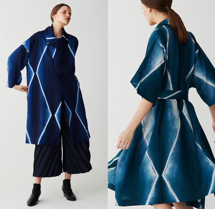 Issey Miyake 2017 Pre Fall Autumn Womens Lookbook Presentation - Shibori Itajime Shaped-Resist Resist-Dyeing Geometric Organic Shape Drapery Futuristic Minimalist Architectural Accordion Pleats 3D Steam Stretch Silk Gradient Stripes Sheen Robe Coat Belted Waist Culottes Gauchos Wide Leg Cropped Pants Long Shirt Wrap Sleeveless Knitwear Blouse Grooves Crepe Skirt Frock Tie Up Knot Ankle Boots Handbag Zigzag Leggings Stockings Hosiery Cocoon