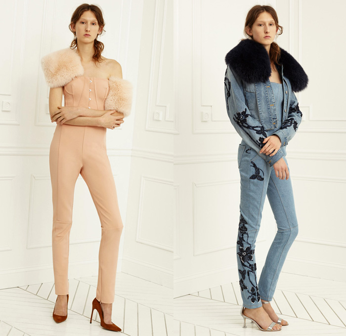 Jonathan Simkhai 2017 Pre Fall Autumn Womens Lookbook Presentation - Hand-Embellished Embroidery Demi-Couture Bedazzled Lace Gown Eveningwear Bustier Strapless Furry Warmers Slim Pants Trousers Flowers Floral Pinstripe Pantsuit Jacket Blazer Slit Hem Silk Satin Peel Away Flare Wide Leg One Shoulder Noodle Strap Onesie Playsuit Wrap Knot Drapery Sleeve Panels Lace Up Asymmetrical Hem Cutout Shoulders Wide Belt Stripes Blouse Shawl Skirt Frock Heels Dress Denim Jeans