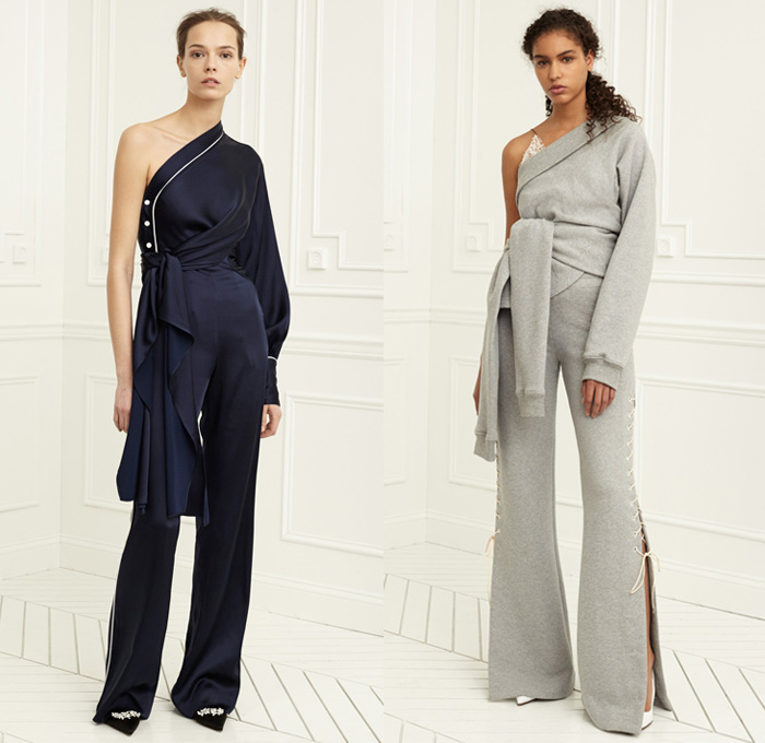 Jonathan Simkhai 2017 Pre Fall Autumn Womens Lookbook Presentation - Hand-Embellished Embroidery Demi-Couture Bedazzled Lace Gown Eveningwear Bustier Strapless Furry Warmers Slim Pants Trousers Flowers Floral Pinstripe Pantsuit Jacket Blazer Slit Hem Silk Satin Peel Away Flare Wide Leg One Shoulder Noodle Strap Onesie Playsuit Wrap Knot Drapery Sleeve Panels Lace Up Asymmetrical Hem Cutout Shoulders Wide Belt Stripes Blouse Shawl Skirt Frock Heels Dress Denim Jeans