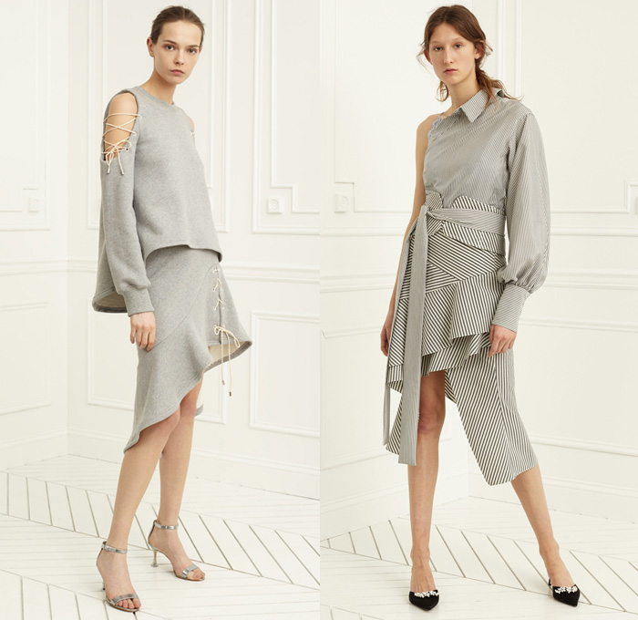 Jonathan Simkhai 2017 Pre Fall Autumn Womens Lookbook Presentation - Hand-Embellished Embroidery Demi-Couture Bedazzled Lace Gown Eveningwear Bustier Strapless Furry Warmers Slim Pants Trousers Flowers Floral Pinstripe Pantsuit Jacket Blazer Slit Hem Silk Satin Peel Away Flare Wide Leg One Shoulder Noodle Strap Onesie Playsuit Wrap Knot Drapery Sleeve Panels Lace Up Asymmetrical Hem Cutout Shoulders Wide Belt Stripes Blouse Shawl Skirt Frock Heels Dress Denim Jeans