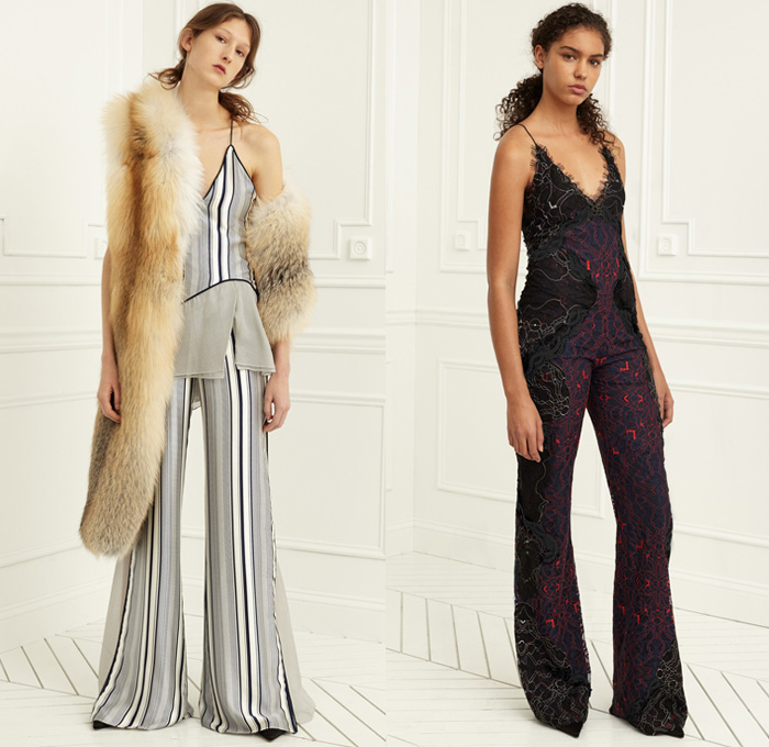 Jonathan Simkhai 2017 Pre Fall Autumn Womens Lookbook Presentation - Hand-Embellished Embroidery Demi-Couture Bedazzled Lace Gown Eveningwear Bustier Strapless Furry Warmers Slim Pants Trousers Flowers Floral Pinstripe Pantsuit Jacket Blazer Slit Hem Silk Satin Peel Away Flare Wide Leg One Shoulder Noodle Strap Onesie Playsuit Wrap Knot Drapery Sleeve Panels Lace Up Asymmetrical Hem Cutout Shoulders Wide Belt Stripes Blouse Shawl Skirt Frock Heels Dress Denim Jeans