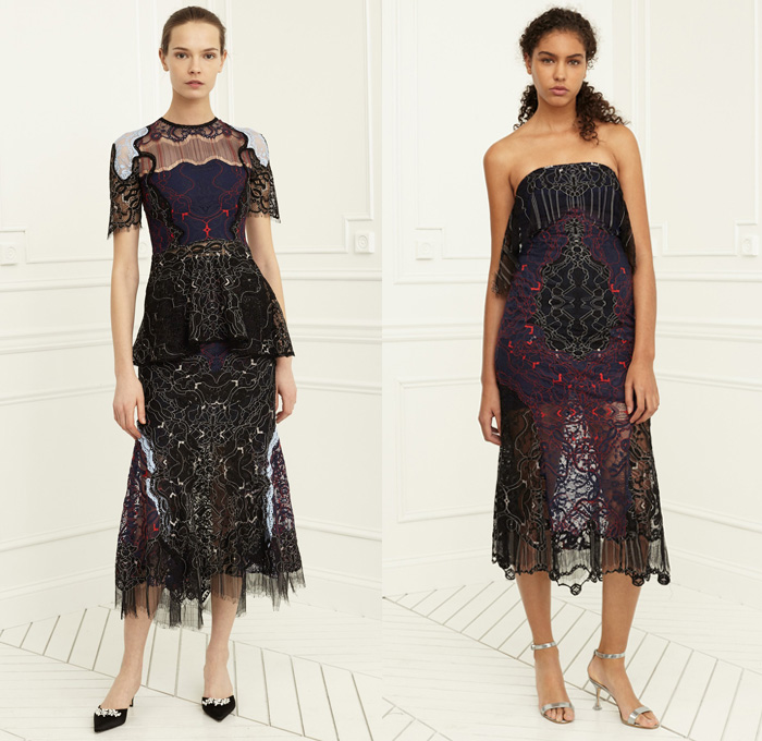 Jonathan Simkhai 2017 Pre Fall Autumn Womens Lookbook Presentation - Hand-Embellished Embroidery Demi-Couture Bedazzled Lace Gown Eveningwear Bustier Strapless Furry Warmers Slim Pants Trousers Flowers Floral Pinstripe Pantsuit Jacket Blazer Slit Hem Silk Satin Peel Away Flare Wide Leg One Shoulder Noodle Strap Onesie Playsuit Wrap Knot Drapery Sleeve Panels Lace Up Asymmetrical Hem Cutout Shoulders Wide Belt Stripes Blouse Shawl Skirt Frock Heels Dress Denim Jeans