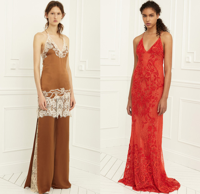 Jonathan Simkhai 2017 Pre Fall Autumn Womens Lookbook Presentation - Hand-Embellished Embroidery Demi-Couture Bedazzled Lace Gown Eveningwear Bustier Strapless Furry Warmers Slim Pants Trousers Flowers Floral Pinstripe Pantsuit Jacket Blazer Slit Hem Silk Satin Peel Away Flare Wide Leg One Shoulder Noodle Strap Onesie Playsuit Wrap Knot Drapery Sleeve Panels Lace Up Asymmetrical Hem Cutout Shoulders Wide Belt Stripes Blouse Shawl Skirt Frock Heels Dress Denim Jeans