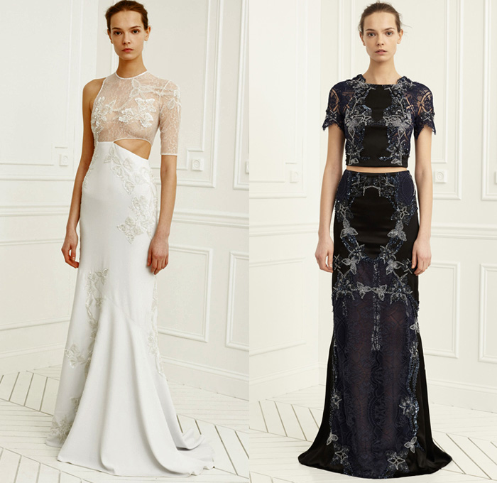 Jonathan Simkhai 2017 Pre Fall Autumn Womens Lookbook Presentation - Hand-Embellished Embroidery Demi-Couture Bedazzled Lace Gown Eveningwear Bustier Strapless Furry Warmers Slim Pants Trousers Flowers Floral Pinstripe Pantsuit Jacket Blazer Slit Hem Silk Satin Peel Away Flare Wide Leg One Shoulder Noodle Strap Onesie Playsuit Wrap Knot Drapery Sleeve Panels Lace Up Asymmetrical Hem Cutout Shoulders Wide Belt Stripes Blouse Shawl Skirt Frock Heels Dress Denim Jeans