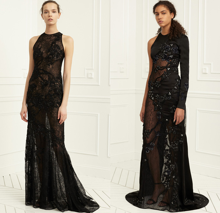 Jonathan Simkhai 2017 Pre Fall Autumn Womens Lookbook Presentation - Hand-Embellished Embroidery Demi-Couture Bedazzled Lace Gown Eveningwear Bustier Strapless Furry Warmers Slim Pants Trousers Flowers Floral Pinstripe Pantsuit Jacket Blazer Slit Hem Silk Satin Peel Away Flare Wide Leg One Shoulder Noodle Strap Onesie Playsuit Wrap Knot Drapery Sleeve Panels Lace Up Asymmetrical Hem Cutout Shoulders Wide Belt Stripes Blouse Shawl Skirt Frock Heels Dress Denim Jeans