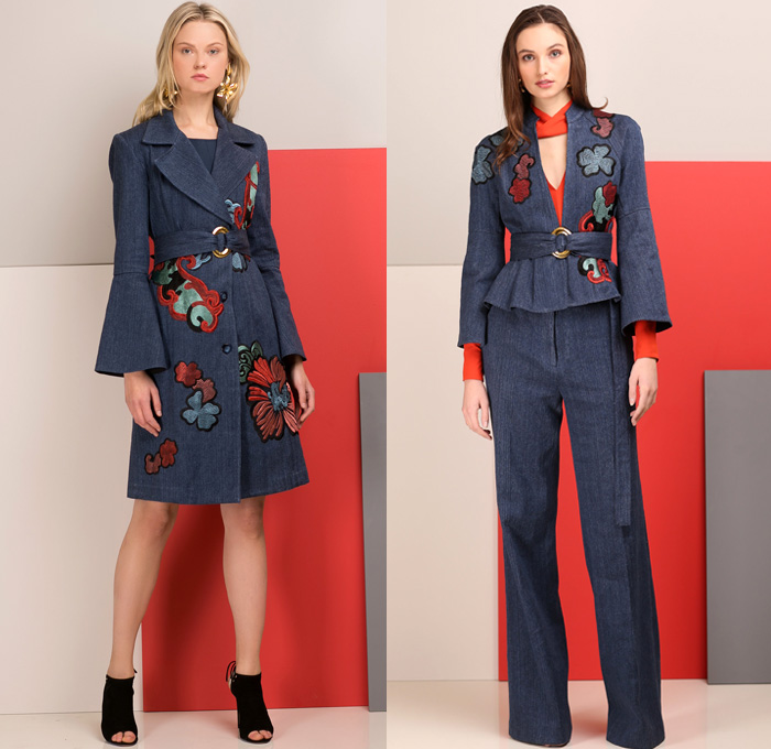 Josie Natori 2017 Pre Fall Autumn Womens Lookbook Presentation - Outerwear Trench Coat Vintage Japanese Kimonos Brocade Flowers Floral Motif Cinch Blouse Ruffles One Shoulder Wide Leg Palazzo Pants Mix Match Prints Motorcycle Biker Jacket Obi Sash Sleeveless Denim Jeans Blazer Cropped Pants Capri